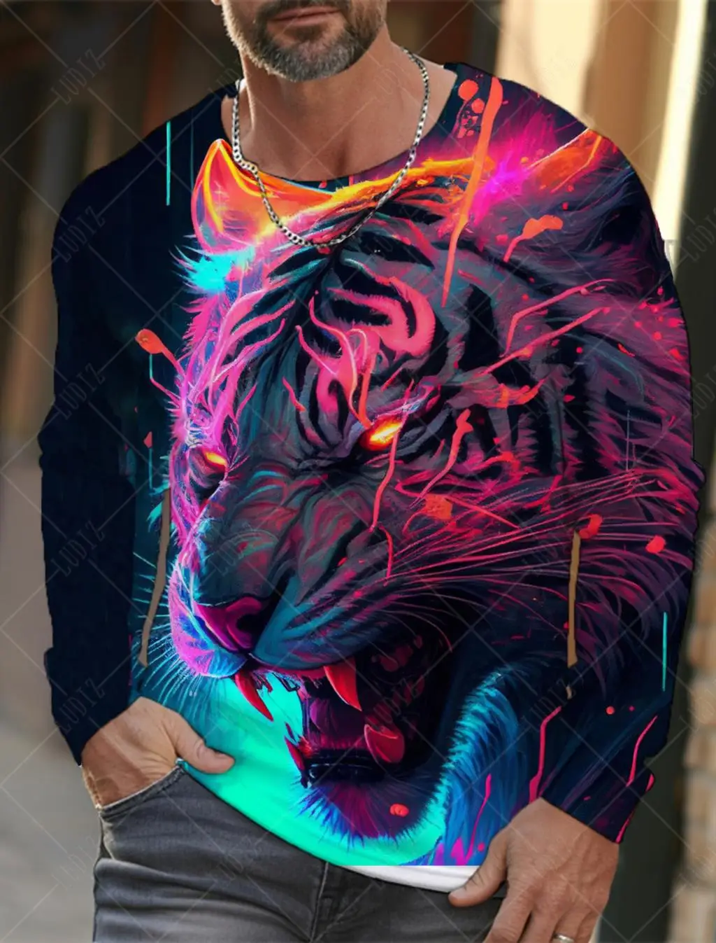 Camiseta masculina de manga comprida com animais estampada 3D, camisas vintage, Tiger Graphics, Tops extragrandes, roupas da moda, Streetwear