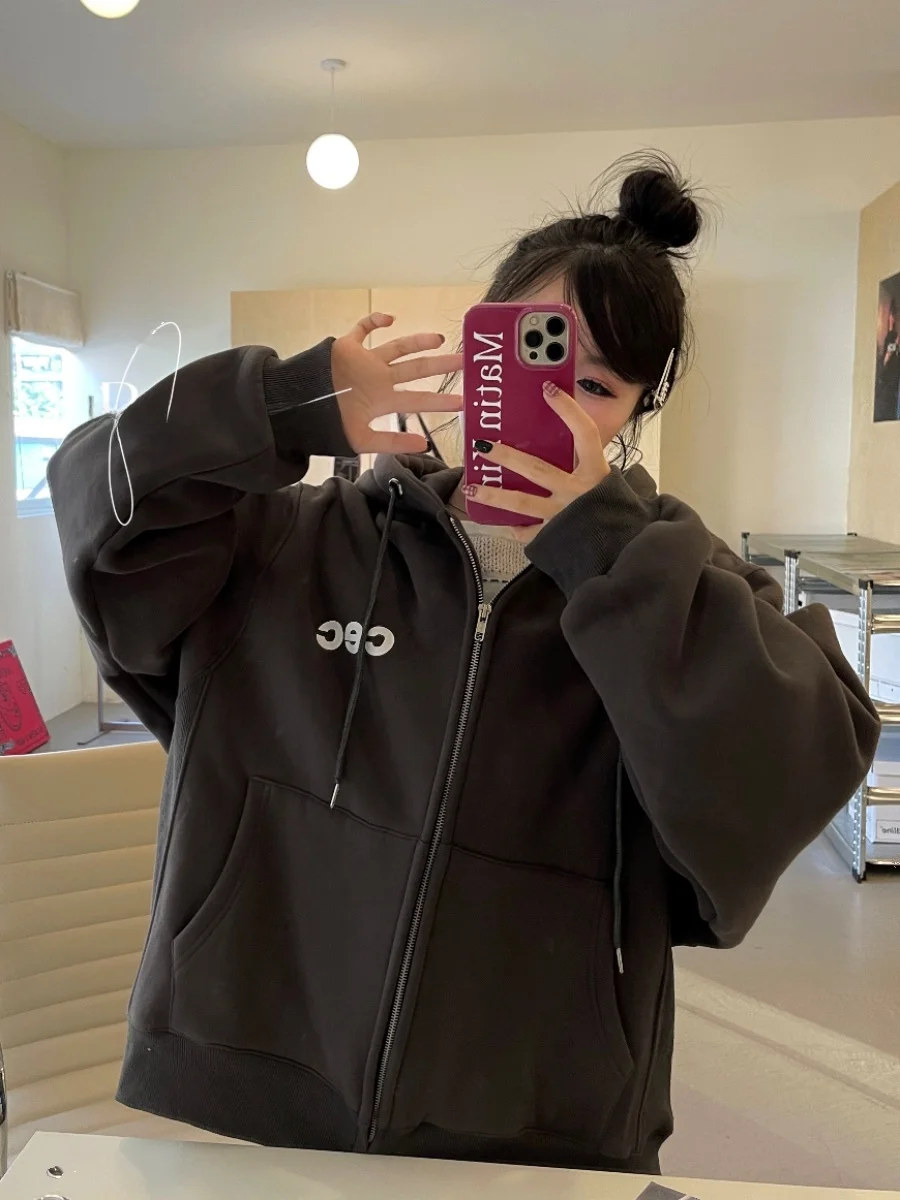 

Chancechance24 Autumn Winter CECE Print Grey Zipper Hoodie Jacket Women's Sweet Style Long Sleeve Cotton Blend Sweatshirt