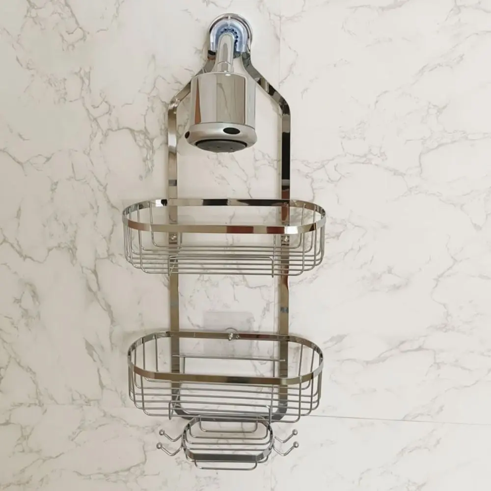 Hooks Hanging Shower Basket Anti-Swing No Drilling Soap Holder Extra Wide Space Rustproof Over Shower Head Organizer Bathroom