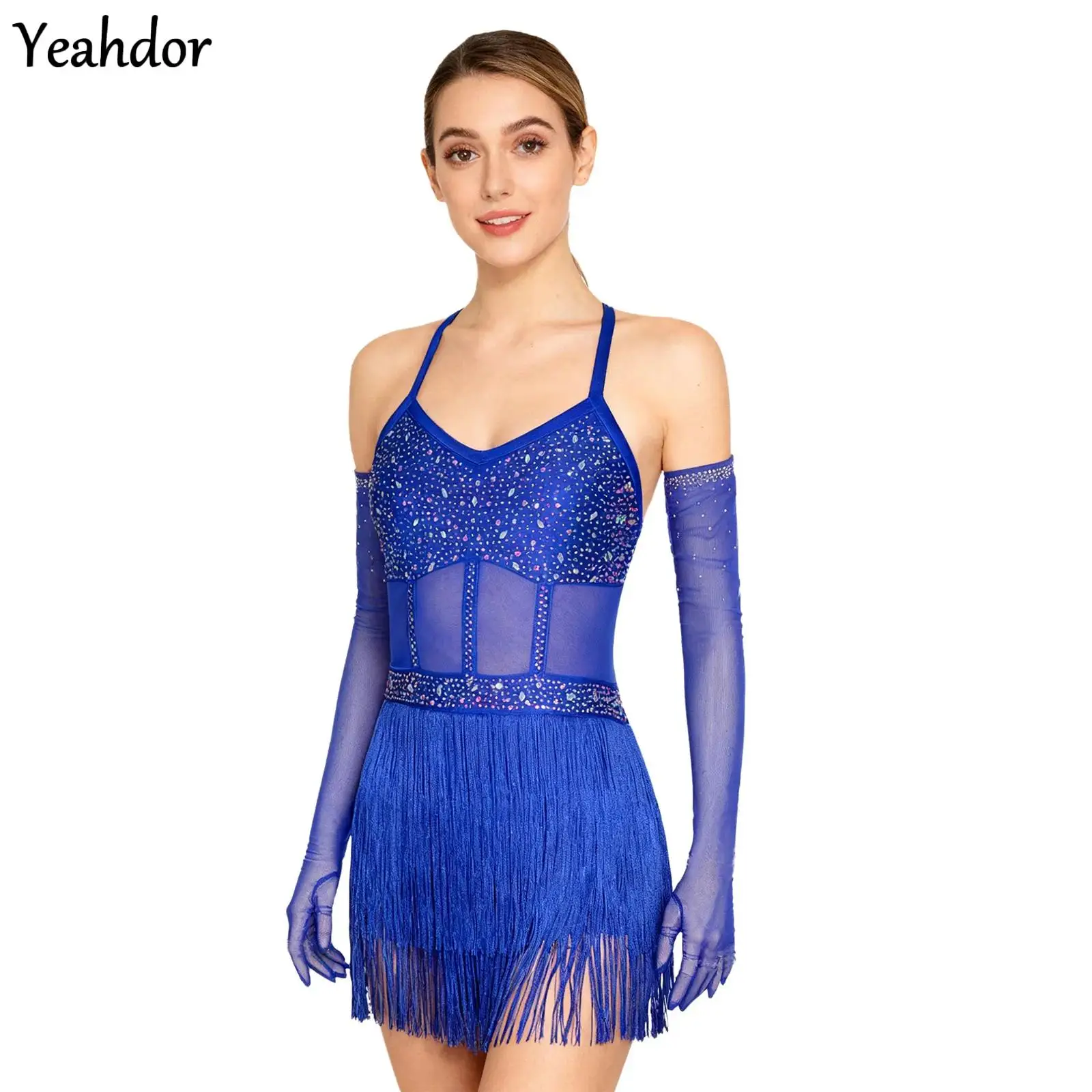

Women Latin Dance Leotard Dress Rhinestone Cha-cha Tango Ballroom Costume Sheer Mesh Patchwork Tassel Bodysuit With Long Gloves