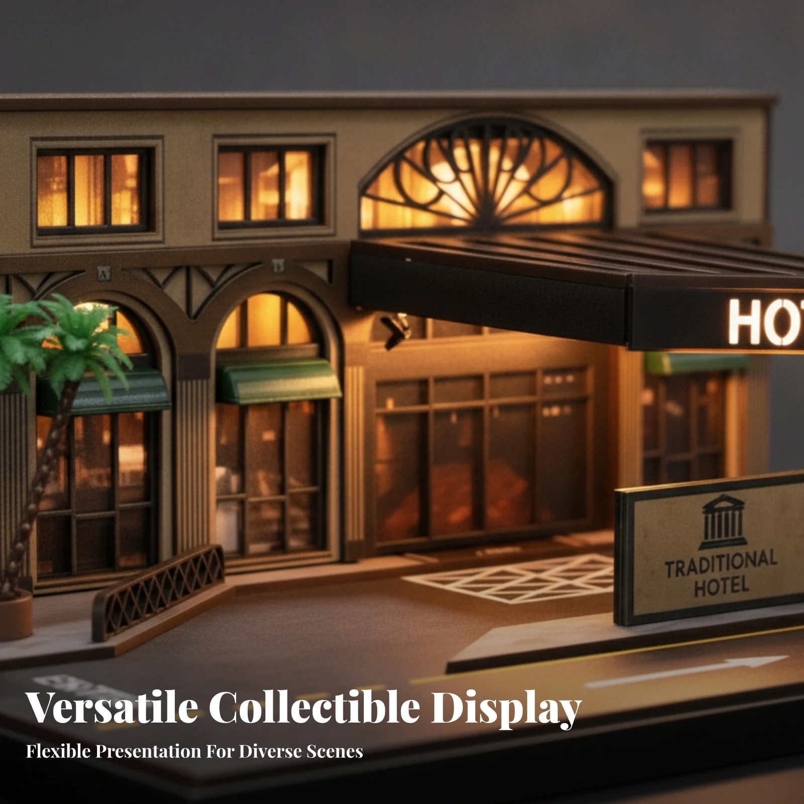 Miniature Hotel Building 1:64 Scale Miniature Scene Model Diorama with Parking Bays Vintage-Style for Collectors, Desks