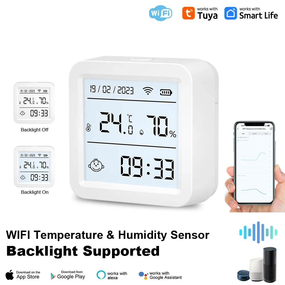 Tuya WIFI Smart Temperature Humidity Sensor Hygrometer Thermometer Backlight Smart Life Support Alexa Google Assistant