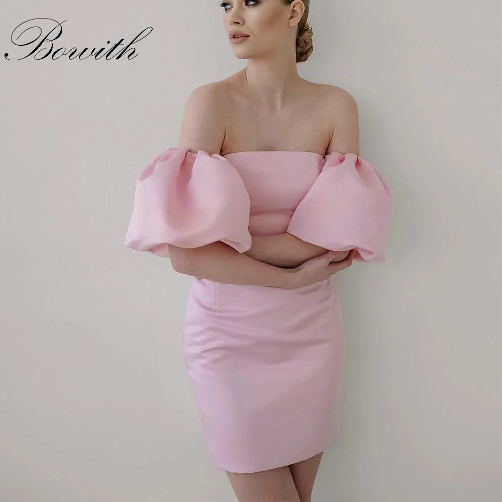 

Bowith Pink Mini Prom Dresses Straight Simple Cocktail Party Dresses Customized Puff Sleeves Short Evening Dresses