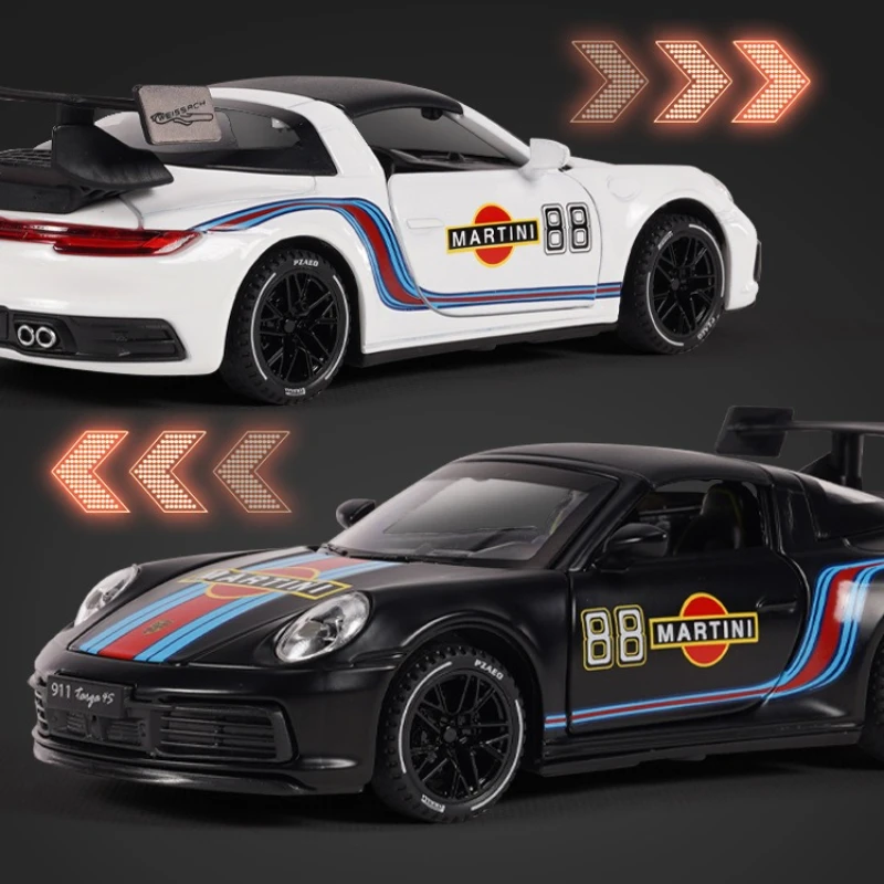 1:32 Porsche 911 Targa 4S Martini Racing Edition Sportwagen Legierung Metalldruckguss Modellauto Sound & Light Pull Back Fahrzeuge Geschenke