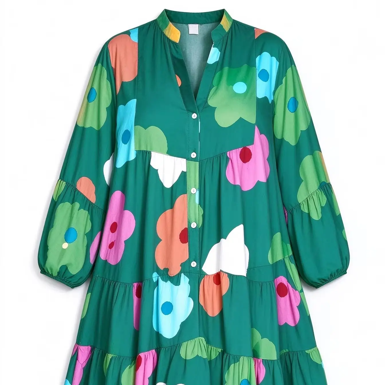 Damen-Blumenhemdkleid in Übergröße, lockeres V-Ausschnitt-Design, Knopfleiste, Puffärmel, lässiges, fließendes Tunika-Kleid – Detail 2