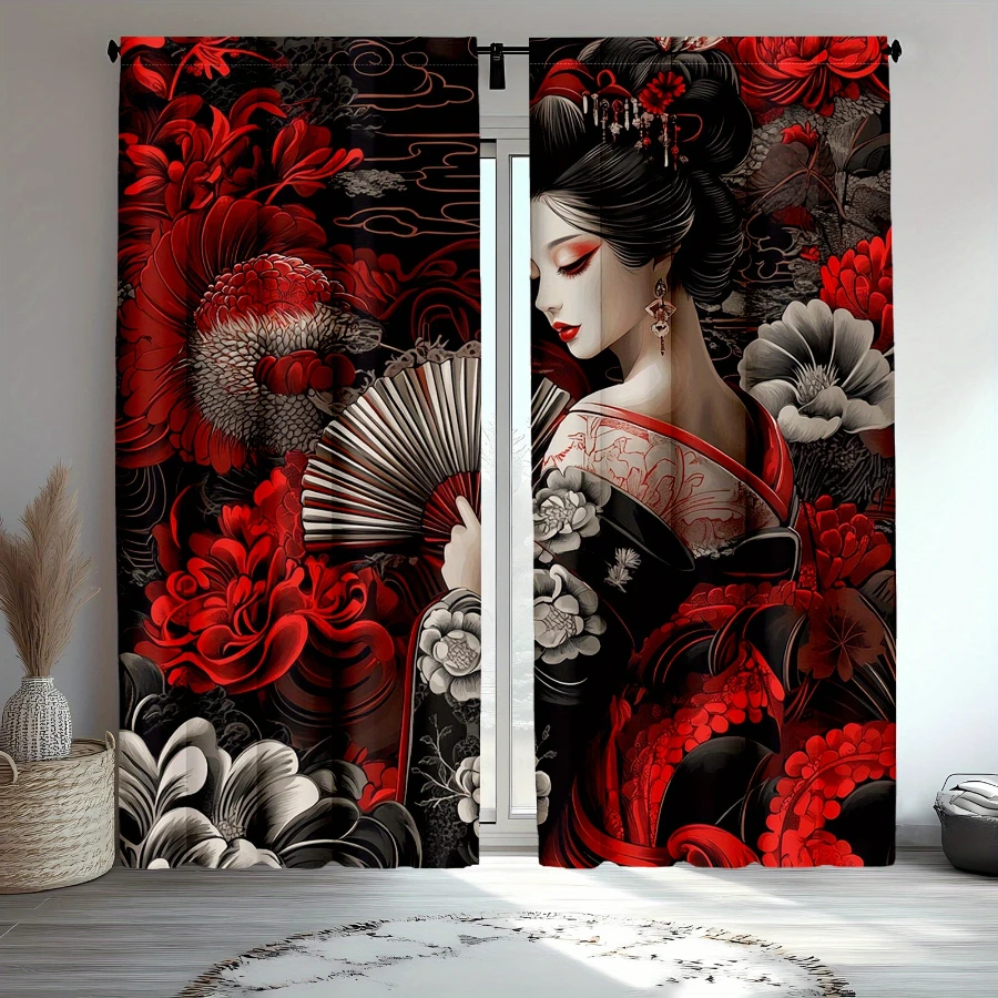 2PCS Digital Printed Curtains, Geisha Japanese Design, Japanese Style Rod Pocket for Living Room Bedroom Kitchen Home Decor