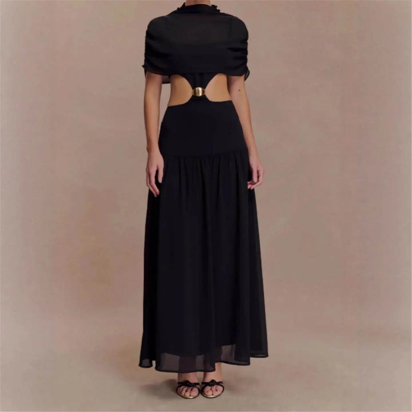 

Fashionable Patchwork Shoulder Wrap Sleeveless Slim Fit Dress New Arrival Women's Cross-Border Mid-Waist A-Line Gown