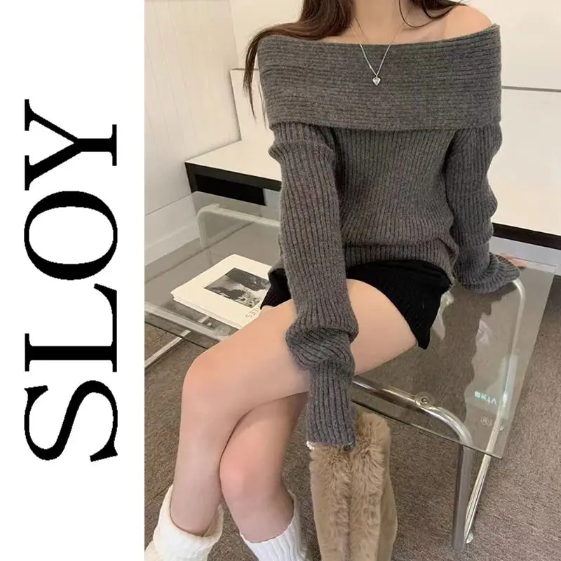 SLOY Thickened One Shoulder Sweater Women\'s Autumn and Winter New Style Pure Desire Spicy Girl Off Shoulder Show Thin Knitted