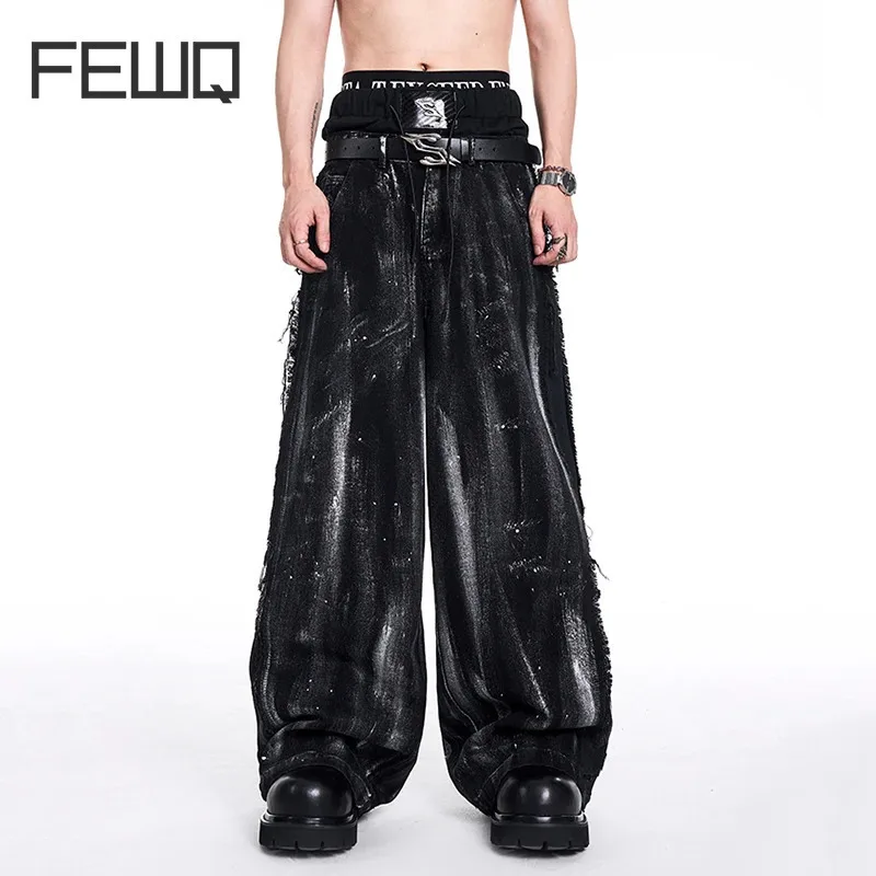 FEWQ American Graffiti Double Waist Jeans Men's Autumn Winter Drawstring Decoration Splicing Male Straight Leg Pants 24E5157