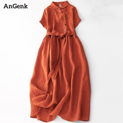 Cotton And Linen Short Sleeve Solid Color Dresses Women 2023 Summer Literary Retro Row Buckle Fashion Temperament Long Dresses