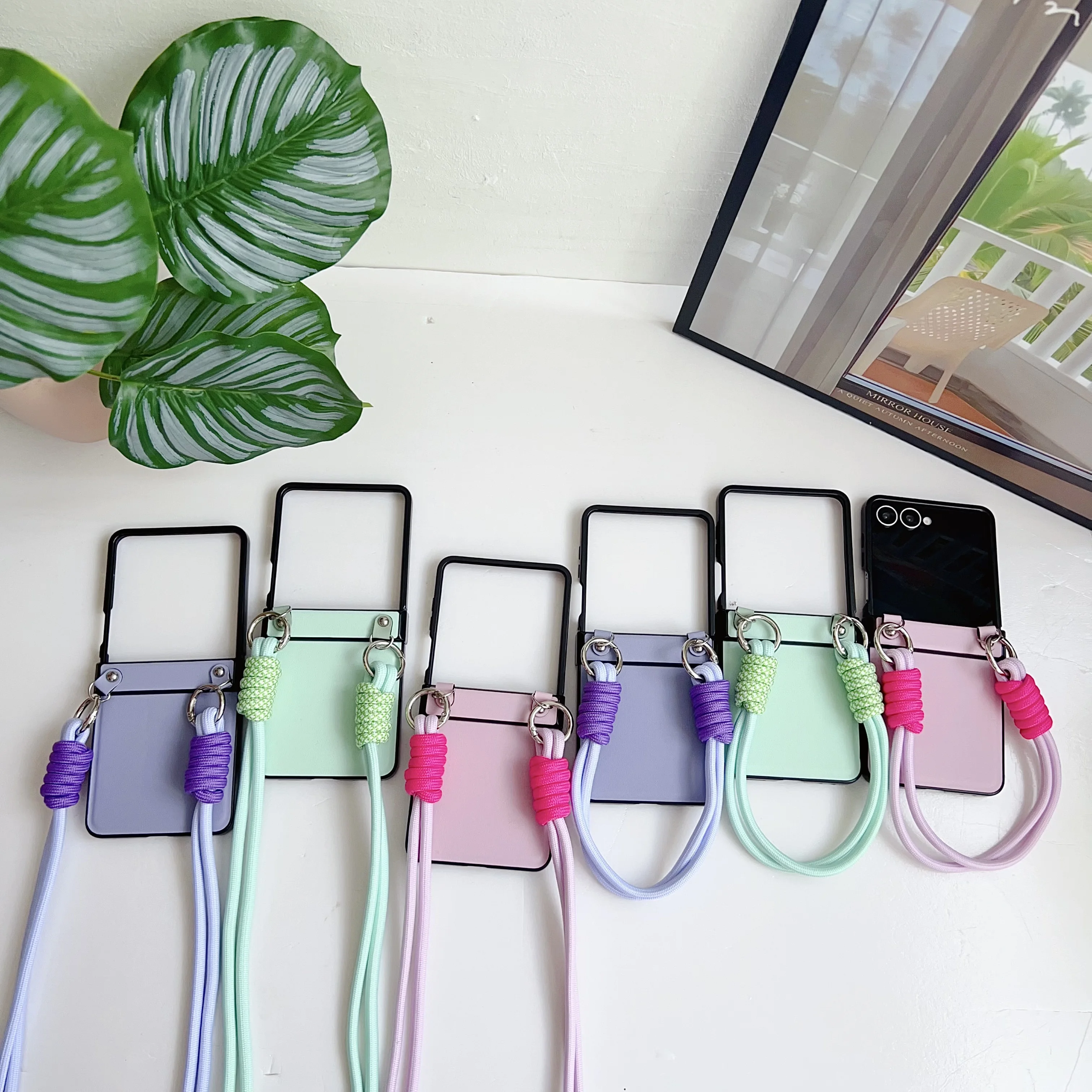 

Back Cover For Samsung Galaxy Z Flip 7 6 5 4 Case Hand Straps Rope Morandi Pu Leather Hard PC Shockproof Phone Case