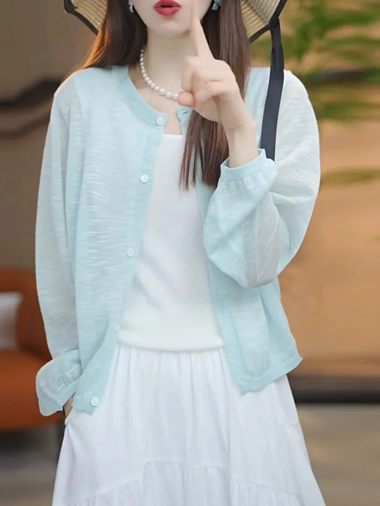 Blauwe lichtgewicht zonbescherming gebreide trui dames bovenkleding open vest zomer nieuwe Koreaanse Sle losse top