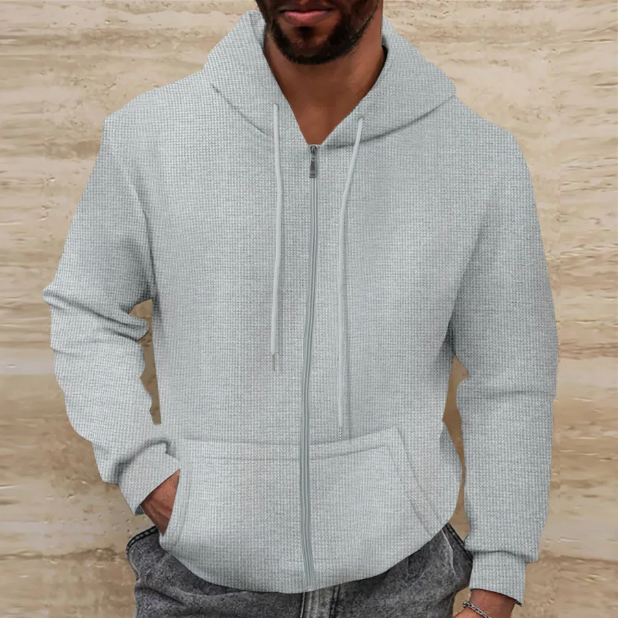 

New Spring Autumn Zip Up Hoodies Men's Long Sleeve Hooded Sweatshirts Fashion Casual Waffle Men's Coats Sportwear Man Hoodie