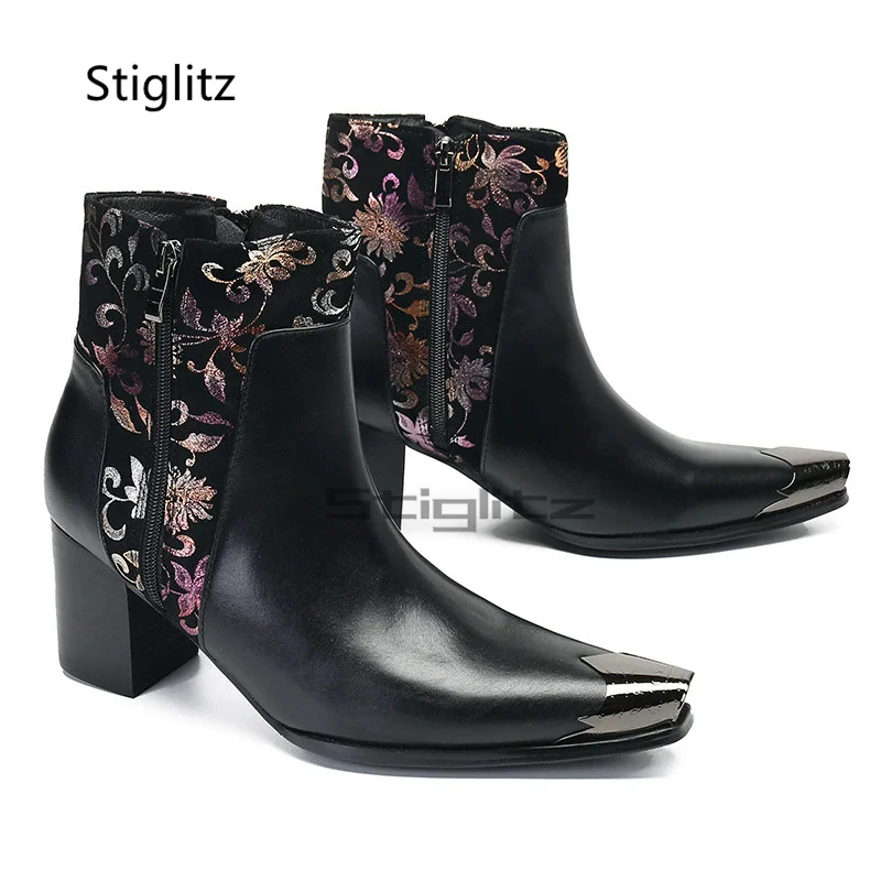Men's Prints High Heels Ankle Boots Metal Pointed Toe Genuine Leather High Top Chelsea Boots Handmade Business Dress Male Shoes