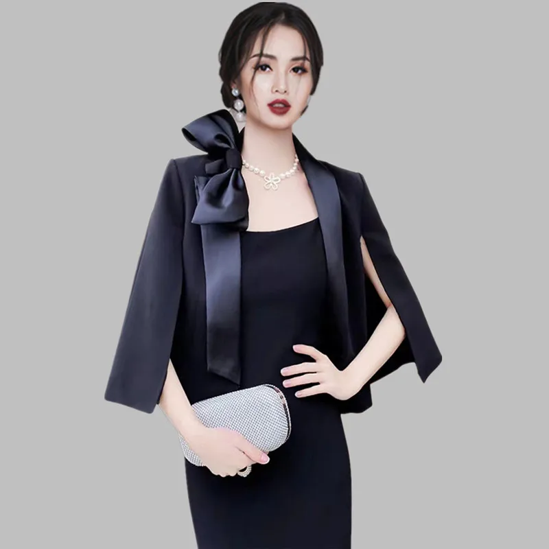 

High Quality Designer Fashion Women Cloak Blazer Coat 2022 Spring Summer V Neck Split Batwing Sleeve Patchwork Bowknot Cardigan