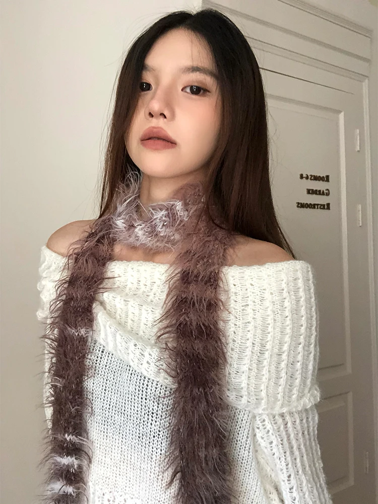 Y2K Long Narrow Knitted Plush Scarf for Women Decorative Miniature Winter Fashion Trendy Stripe Pattern Multifunctional Scarf