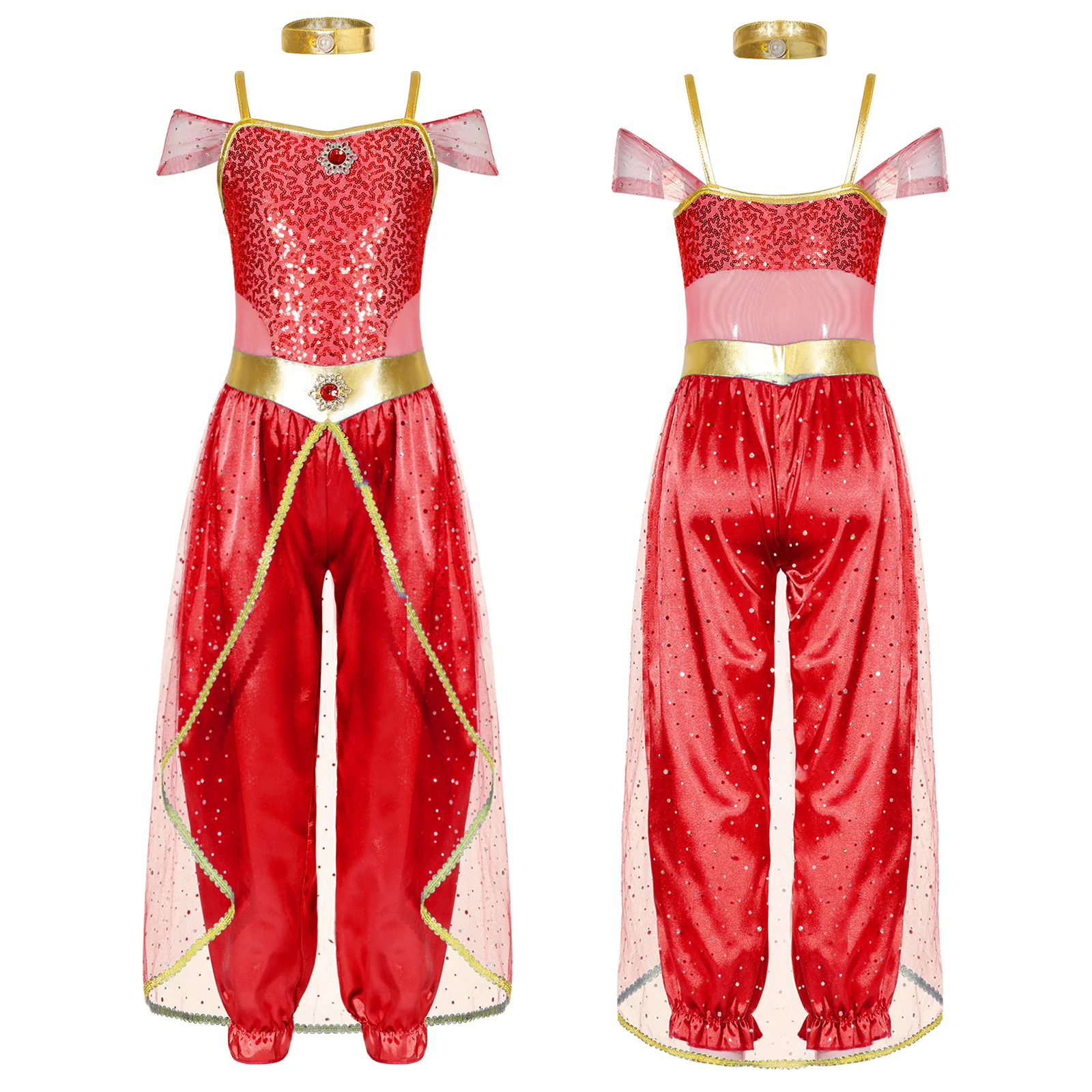 Kids Girls Arabian Princess Costume Shiny Sequins Indian Jumpsuit with Choker Belly Dance Halloween Party Performance Bodysuits