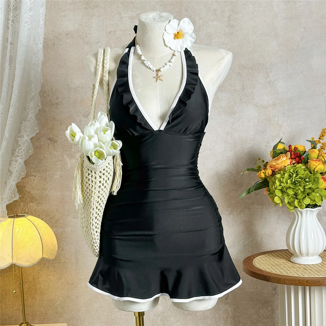 V-Ausschnitt, Neckholder, Rüschen, Damen-Badeanzug, einteiliger Badeanzug, rückenfreier Monokini, gepolsterter Badeanzug, Badebekleidung, Badeanzug V7809 – Detail 7