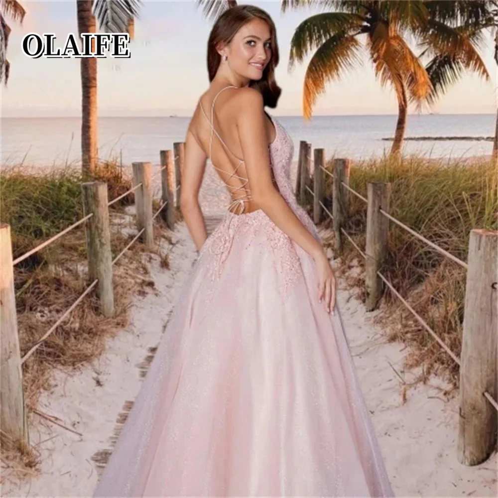 Hermoso vestido de noche largo rosa con encaje, vestidos para ocasiones especiales, apliques, vestido de fiesta