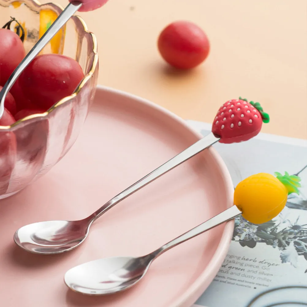 4Pcs Vintage Fruit Shape Coffee Spoons Stainless Steel Silicone Handle Mixing Stirring Spoons for Iced Tea Lemonade Cocktails