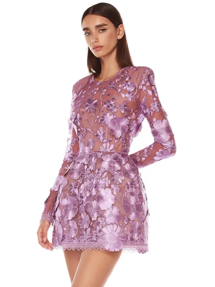 VC Purple Flower Embroidered Short Dress O Neck Log Sleeves High Waist Floral See Through Cocktail Party Eveing Gown