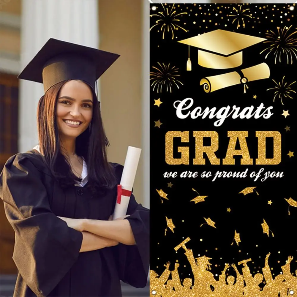 Czarne złoto Graduation Photography Backdrop 180x90cm Celebrate Graduates Theme Background Congrats Grad Polyester