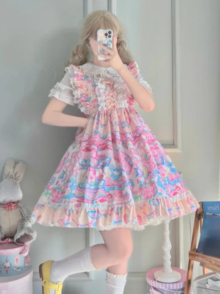 

Sweet Lolita Jsk Dress Women Dreamland Cartoon Bear Lace Bow Sleeveless Straps Dresses Girls Kawaii Princess Party Mini Vestidos