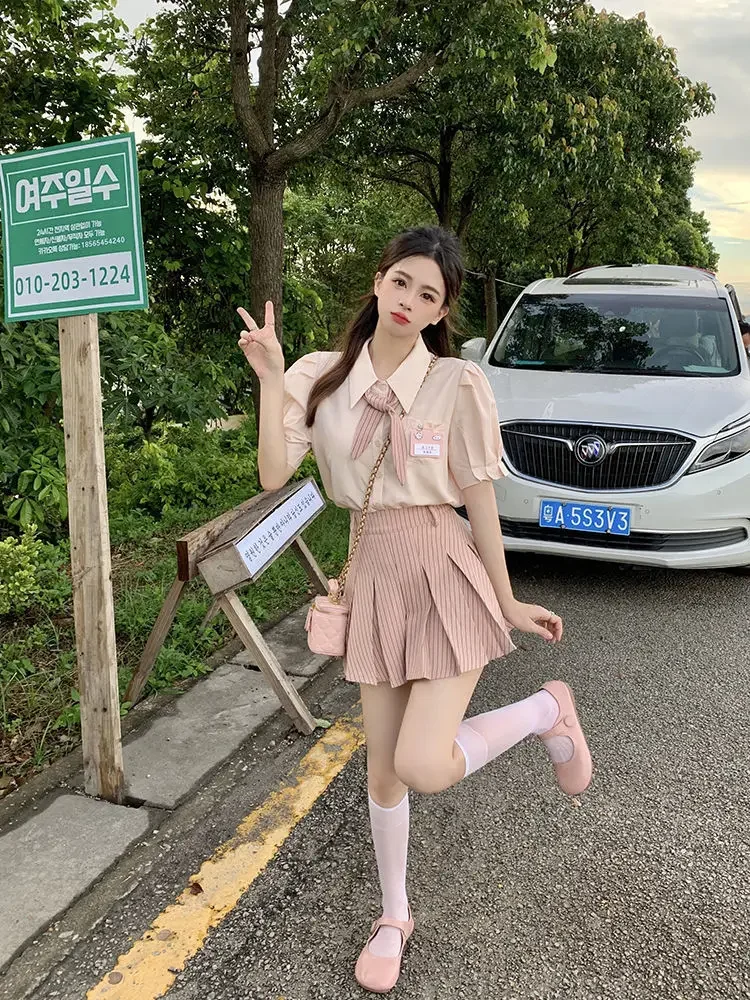 

2025 sweet women daily jk uniform suit college style school uniform two piece set sailor collar top high waist pleated skirt