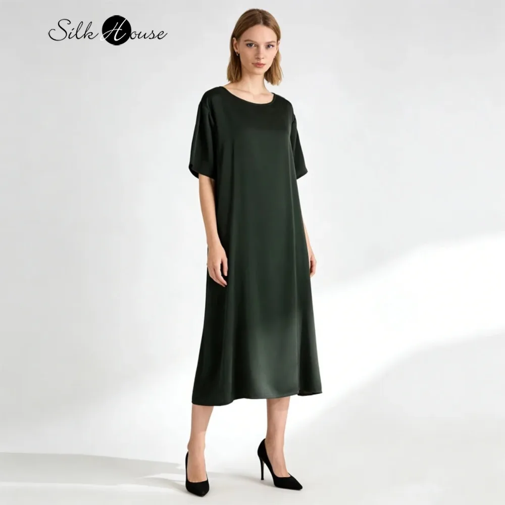 

Темно-зеленый (легка черный) Эластичный атлас из натурального шелка шелковицы 92%, женское модное универсальное платье с круглым вырезом и короткими рукавами