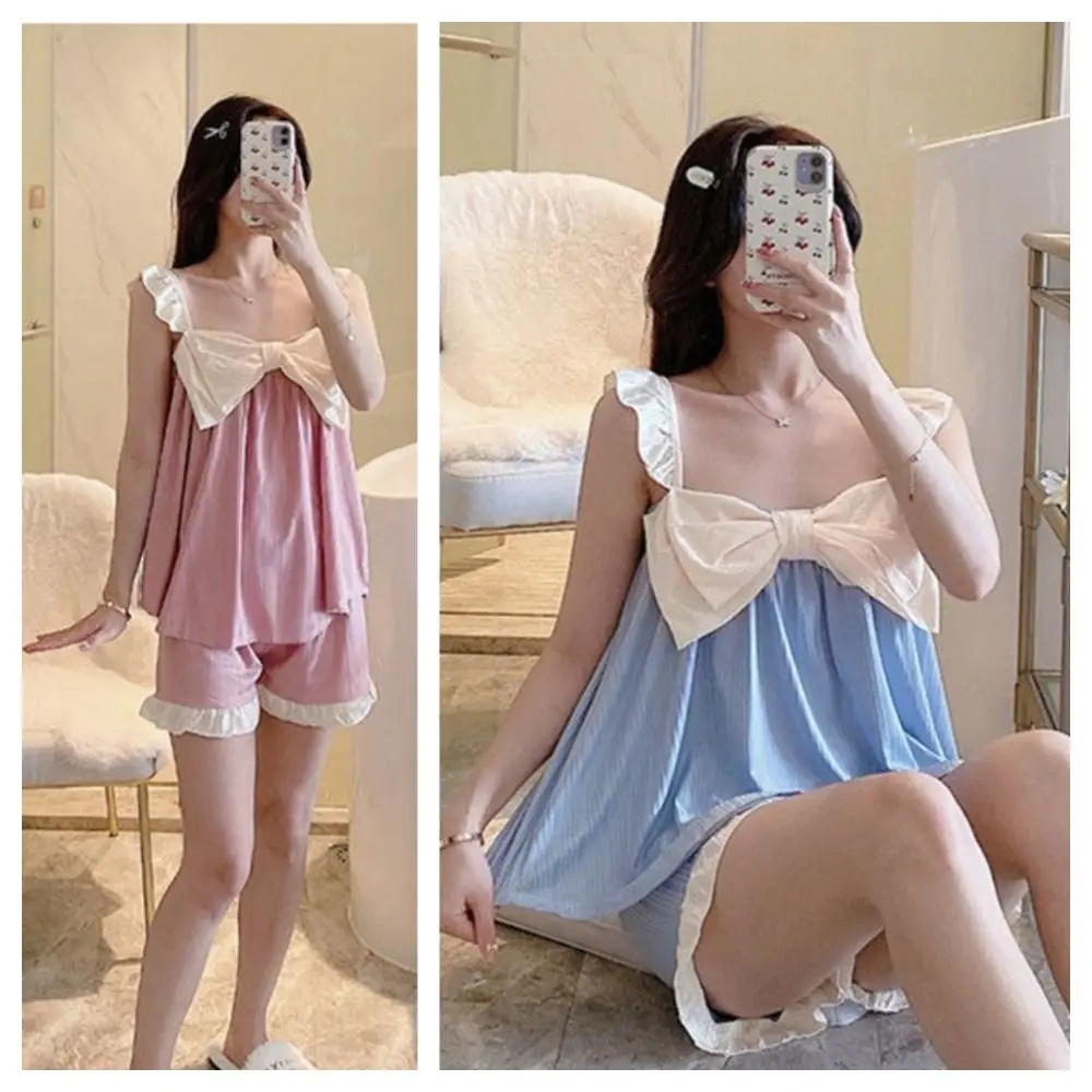 

Fashion Ruffle Suspender Shorts Pajama Suit Ice Silk Sleeveless Two Piece Nightwears Loose Patchwork Bowknot Sleepwear Sets Home