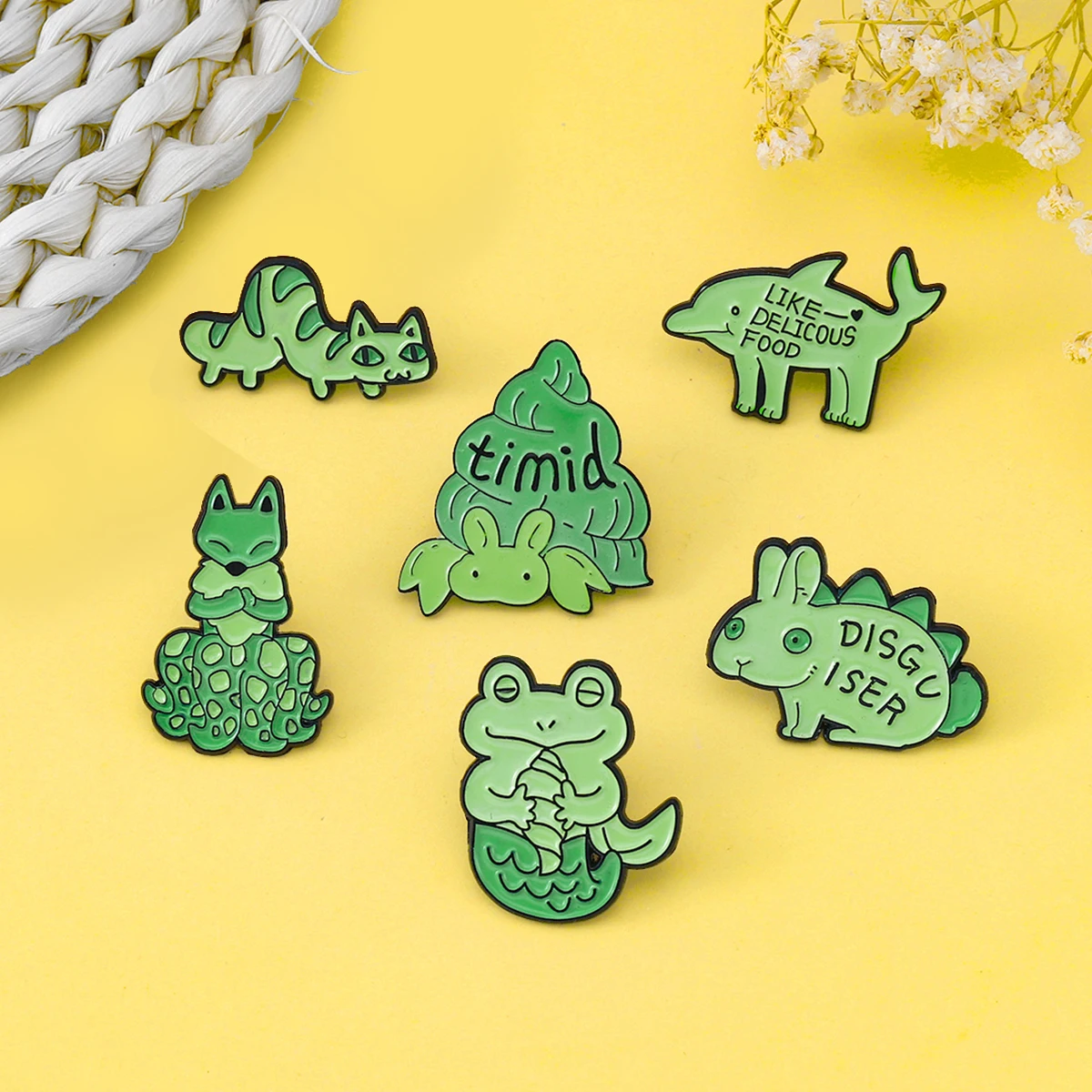 Cute Green Animal Enamel Pin DISGUISER,Timid Rabbit Dolphin Fox Frog Hermit crab Caterpillar Brooch Lapel Wholesale Jewelry Gift