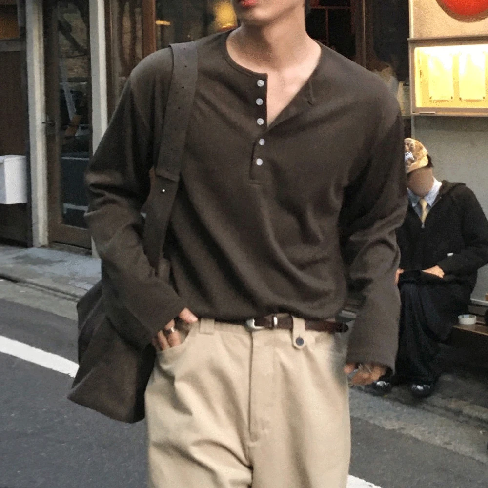 

Coffee - Hued Long - Sleeve Henley T - Shirt with Textured Design 62% Cotton Breathable, Sweat-wicking T-shirt
