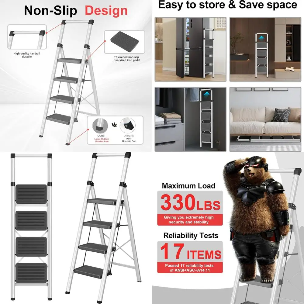 

Sturdy Steel Folding Ladder with Anti-Slip Treads, Grips, and Feet, Ideal for Home Use in Black/Grey