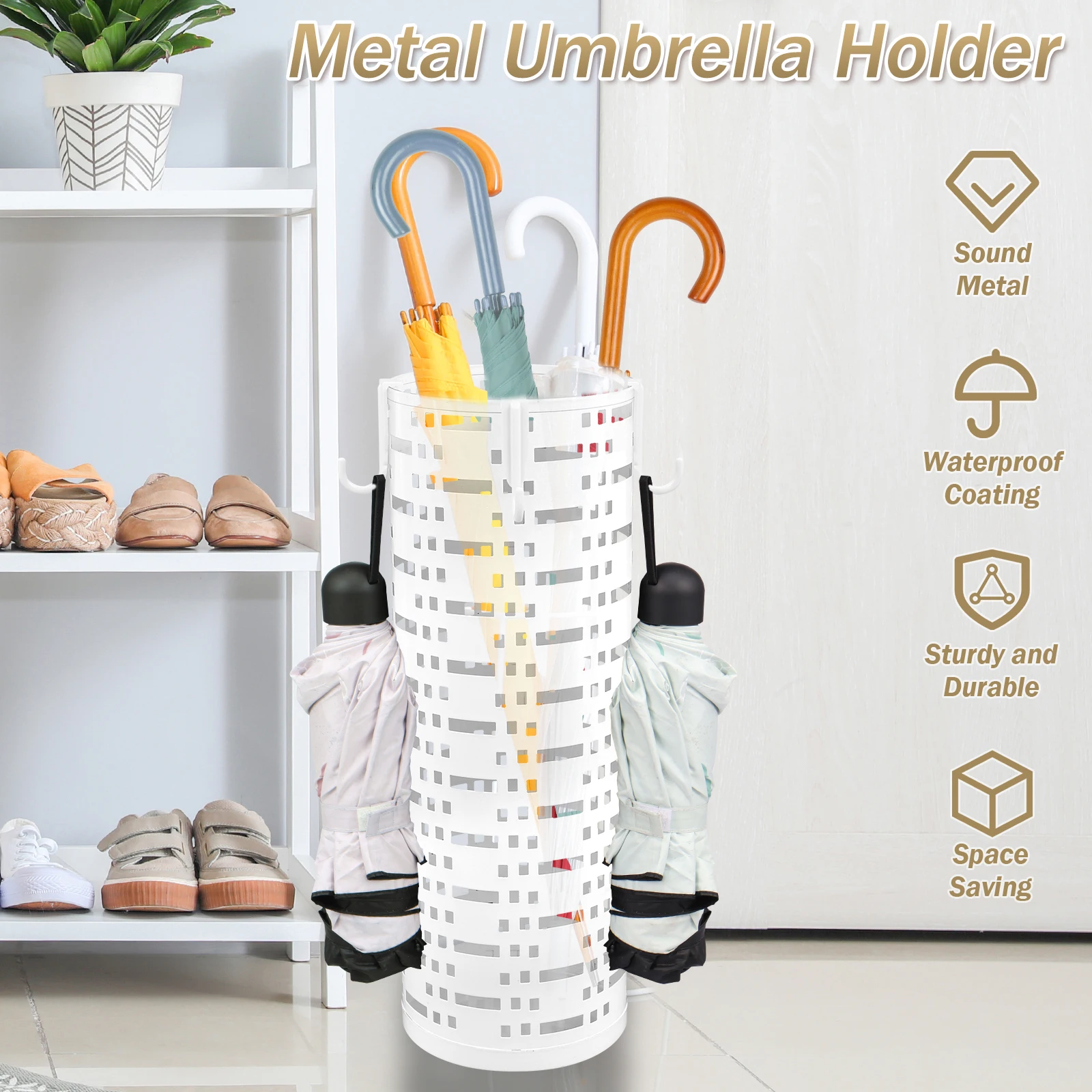 Metal Umbrella Holder Umbrella Round Free Stand Rack with hooks Multipurpose Walking Sticks Storage Bins Hotels Home Decorative