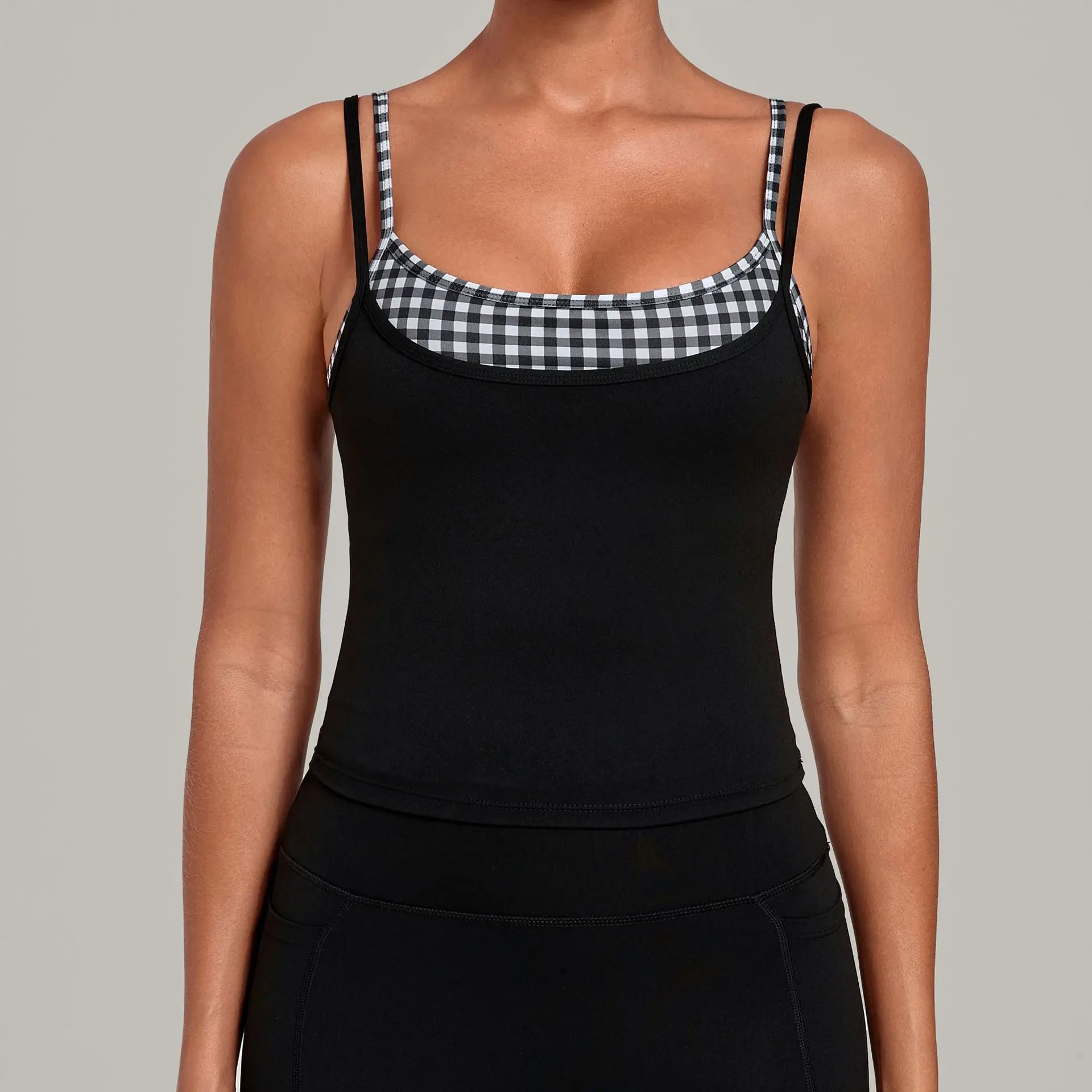 Vintage Print Color Block Sports Tank Top Faux Two-piece Double Straps Waist Shaping Yoga & Fitness Base Layer Built-in Bra Pads