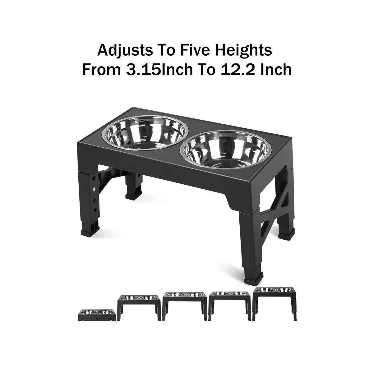 

Elevated Dog Bowls with 2 Stainless Steel Dog Food Bowls, Adjusts to 5 Height for Small and Big Dogs, Black