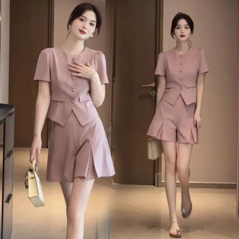 Social Set Women's Temperament Set Summer and Autumn Fashion Solid Color Suit Top+High Waist Short Two Piece Set 2024 E983