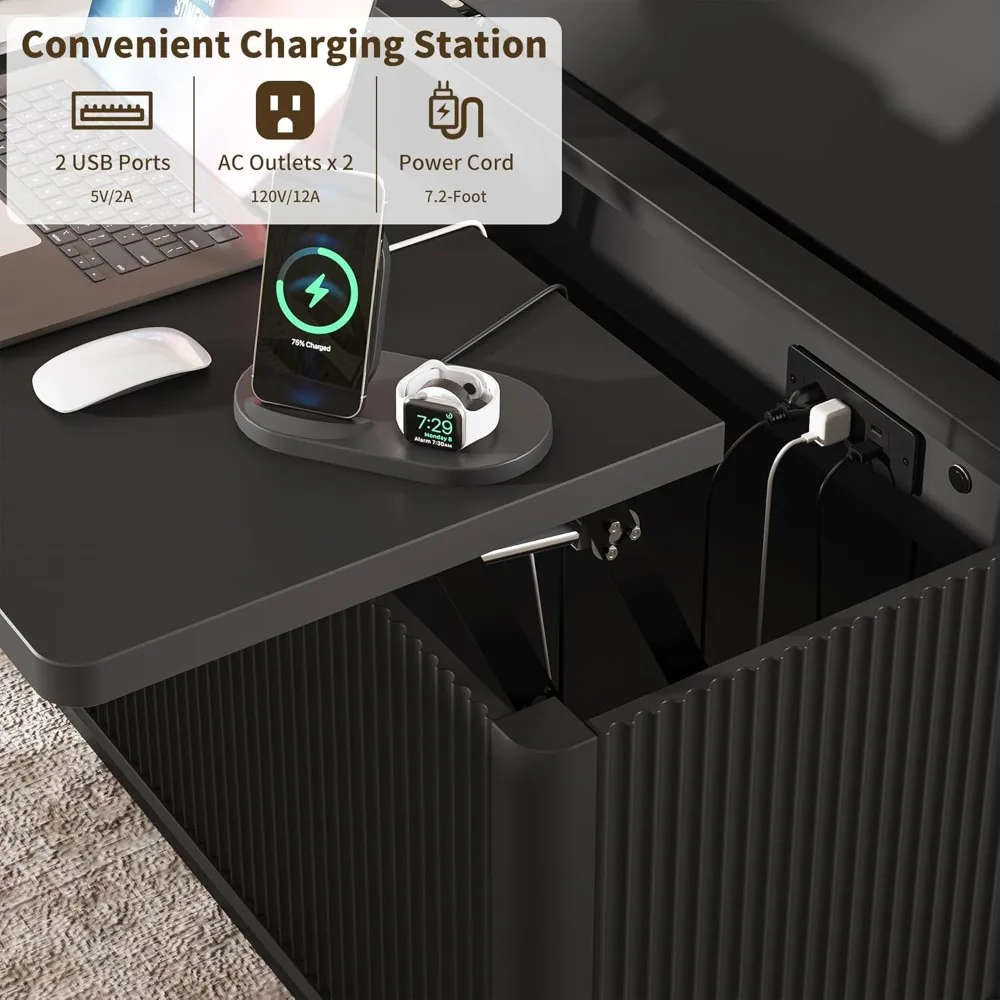 طاولة قهوة حديثة قابلة للرفع مع مساحة تخزين، طاولات قهوة مربعة مع إضاءة LED ومخرج طاقة، طاولة مركزية مربعة خشبية f #6