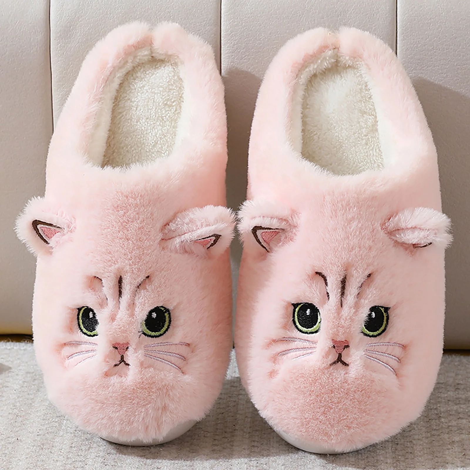 Home Fuzzy Slipper Women Winter Fur Contton Warm Plush Non Slip Grip Indoor Fluffy Lazy Female Mouse Ears Embroidery Floor Shoes