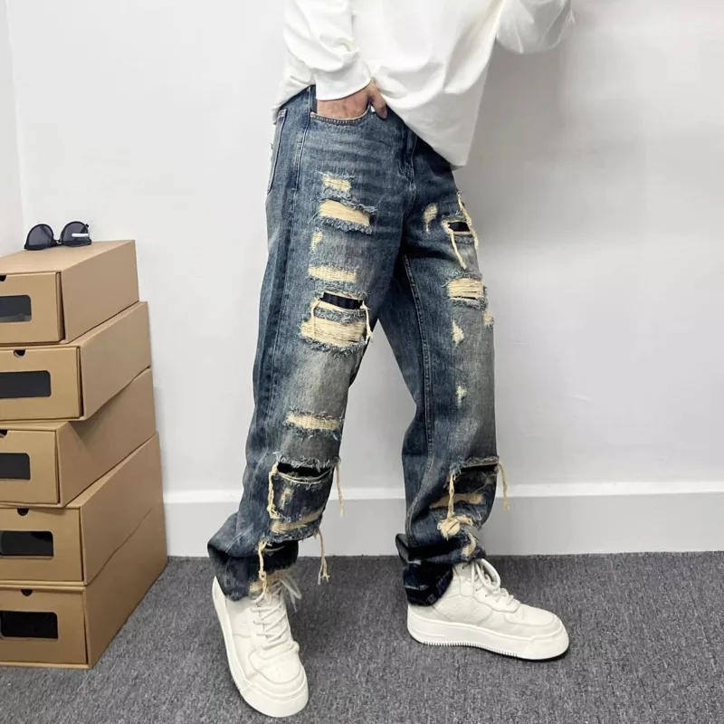 American-style casual edgy distressed patchwork jeans men's straight-leg loose-fit streetwear high-street ragged pants