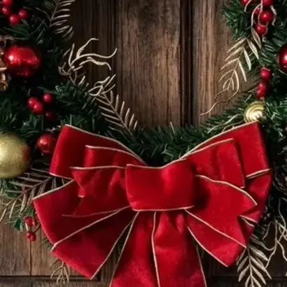 Seasonal Round Hanging Decor 45cm with Realistic Pine Foliage Red Bow and Gold Brown Metallic Ornament Accents
