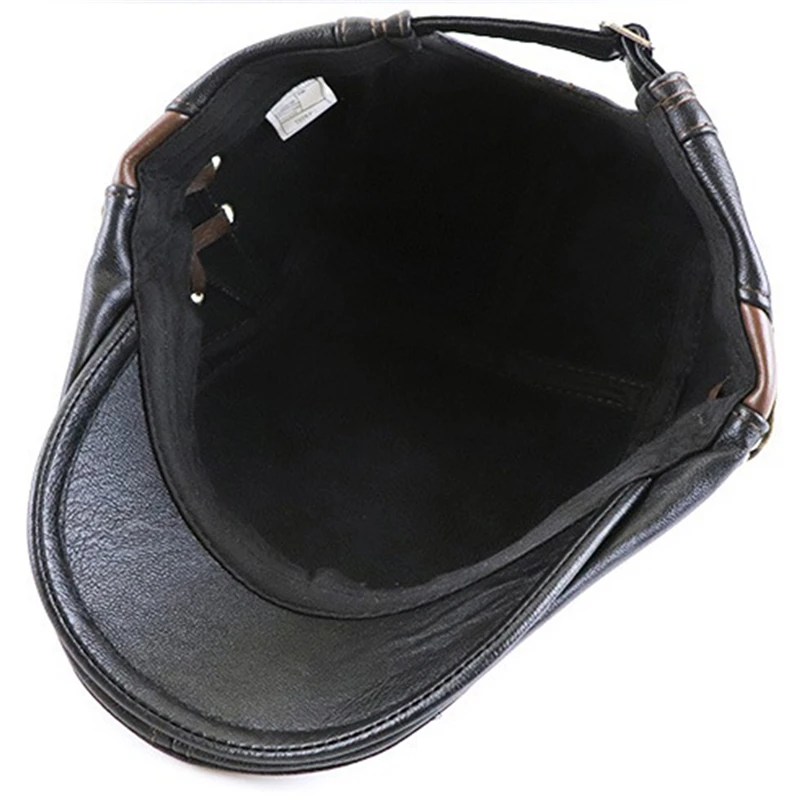 Fashion PU Leather Caps Windproof Man Beret Bandage Hat Spring Flat Cap Casquette Warm Side Strap Boina Masculina