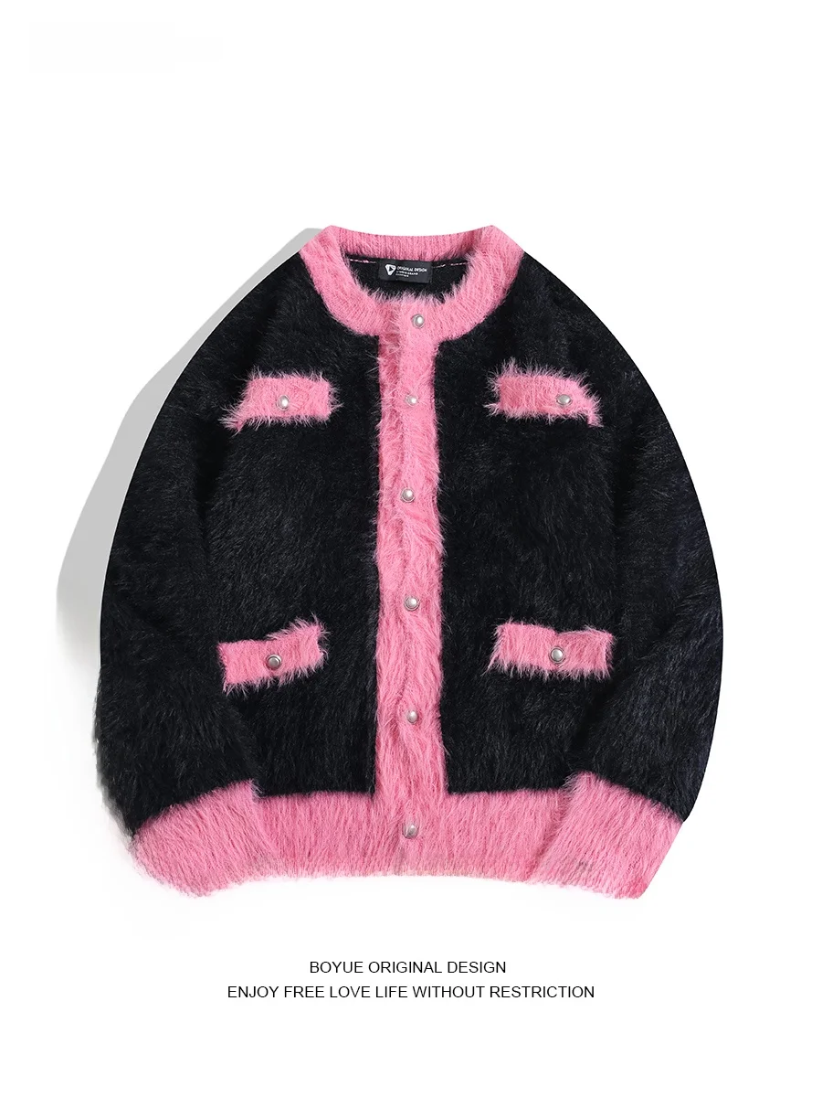 Boyue Water Rabbit Fur Collar Color Block Thickened Casual Sweater Warm Fashionable Unisex Winter Outerwear Youth Loose Fit