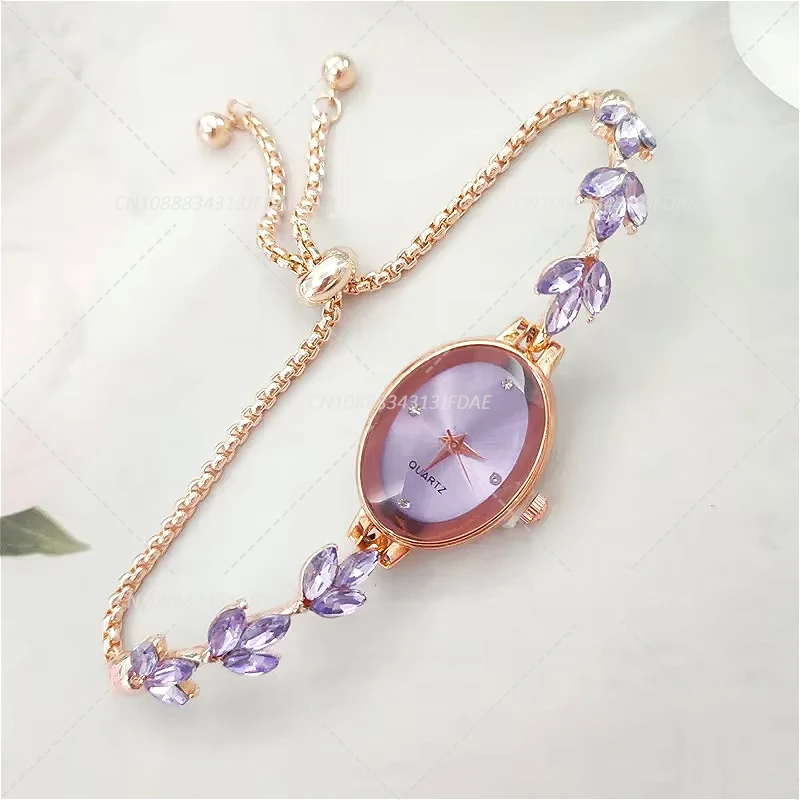 Elegant Women's Rhinestone Inlaid Clover Watch Oval Quartz Fashion Wristwatch Bracelet Clocks Reloj Mujer