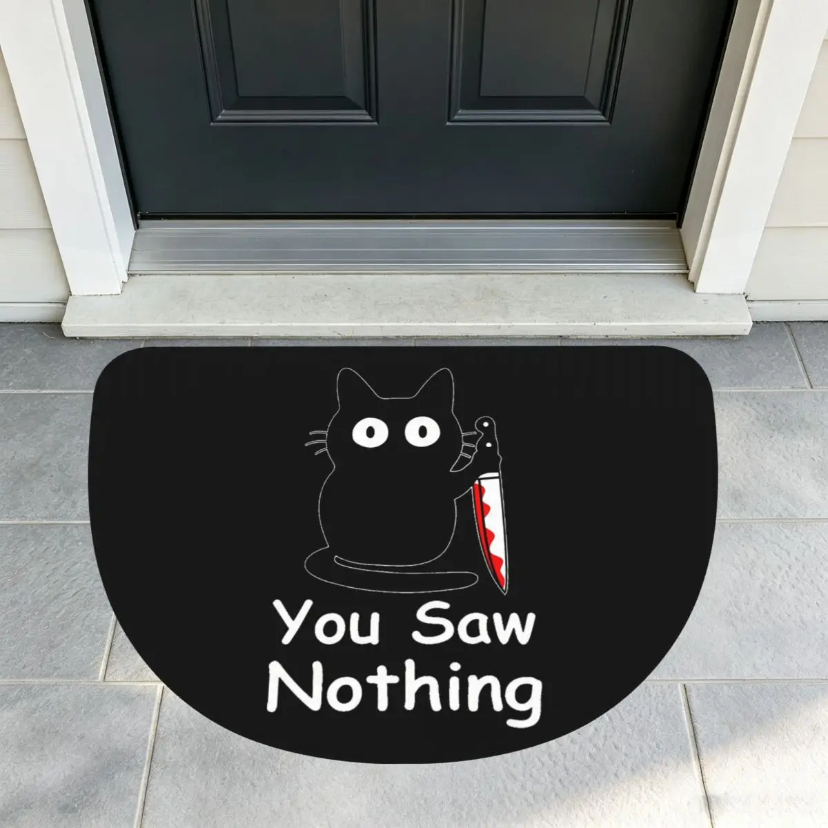 Black Cat Murder Cat You Saw Nothing Flannel Half Round Doormat Non Slip Bathroom Mat Absorbent Floor Carpet for Living Room