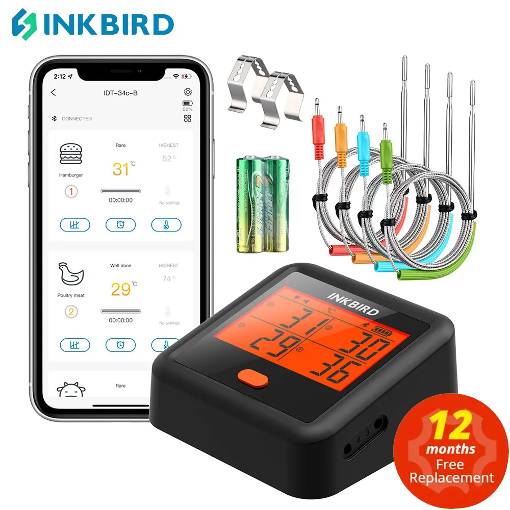 

INKBIRD IDT-34c-B Digital BBQ Thermometer with 4 Meat Probes Temperature Alarm Bluetooth Meat Food Thermometer for Oven Cooking