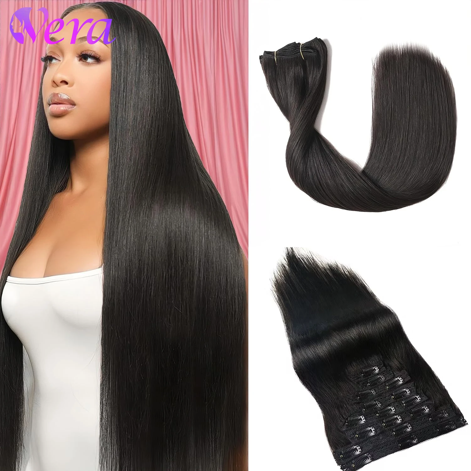 Clip em extensões de cabelo com trama dupla, cabelo humano real, invisível e reto, sem costura, 8PCs, 18 clipes