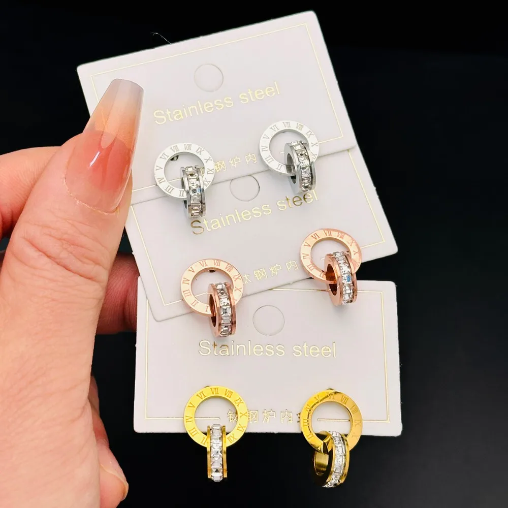 Creativity Trendy Full Zircon Roman Numeral Double Rings Cross Stud Earrings for Women Charm Stainless Steel Bride Jewelry Gift