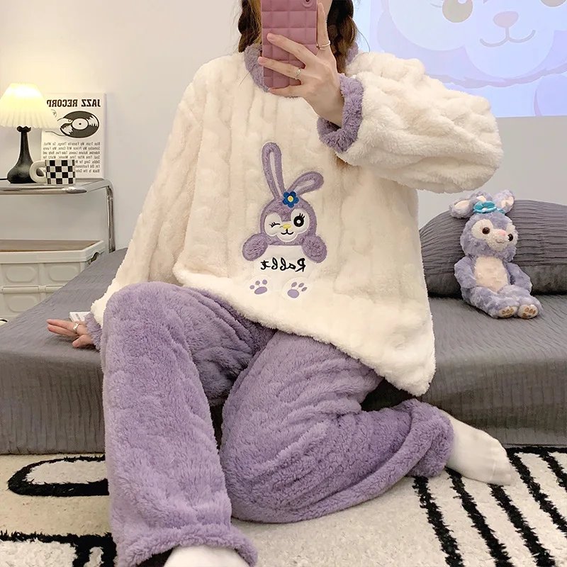 Autumn and Winter Pajamas Ladies Flannel Homewear 2023 Round Neck Long Sleeve Warm Lovely Embroidered Rabbit Can Be Worn Outside