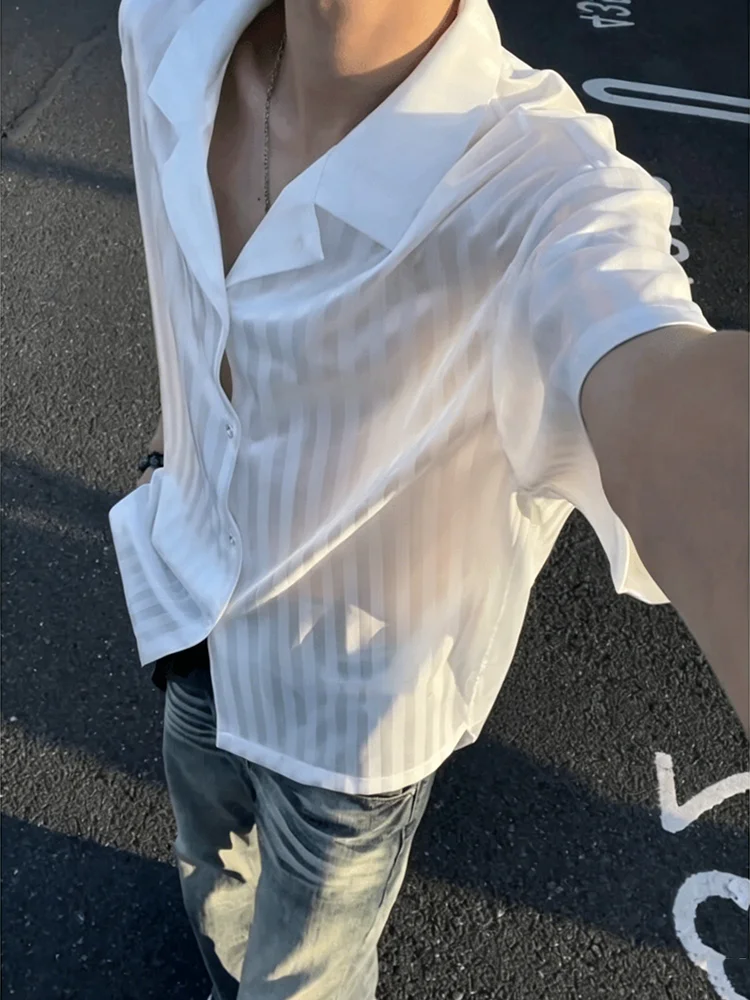 

Cleanfit White Cuban Collar Ice Silk Short Sleeve Shirt Men Summer Thin Drape Cool Stripe Sun Protection Shirt Breathable Loo...